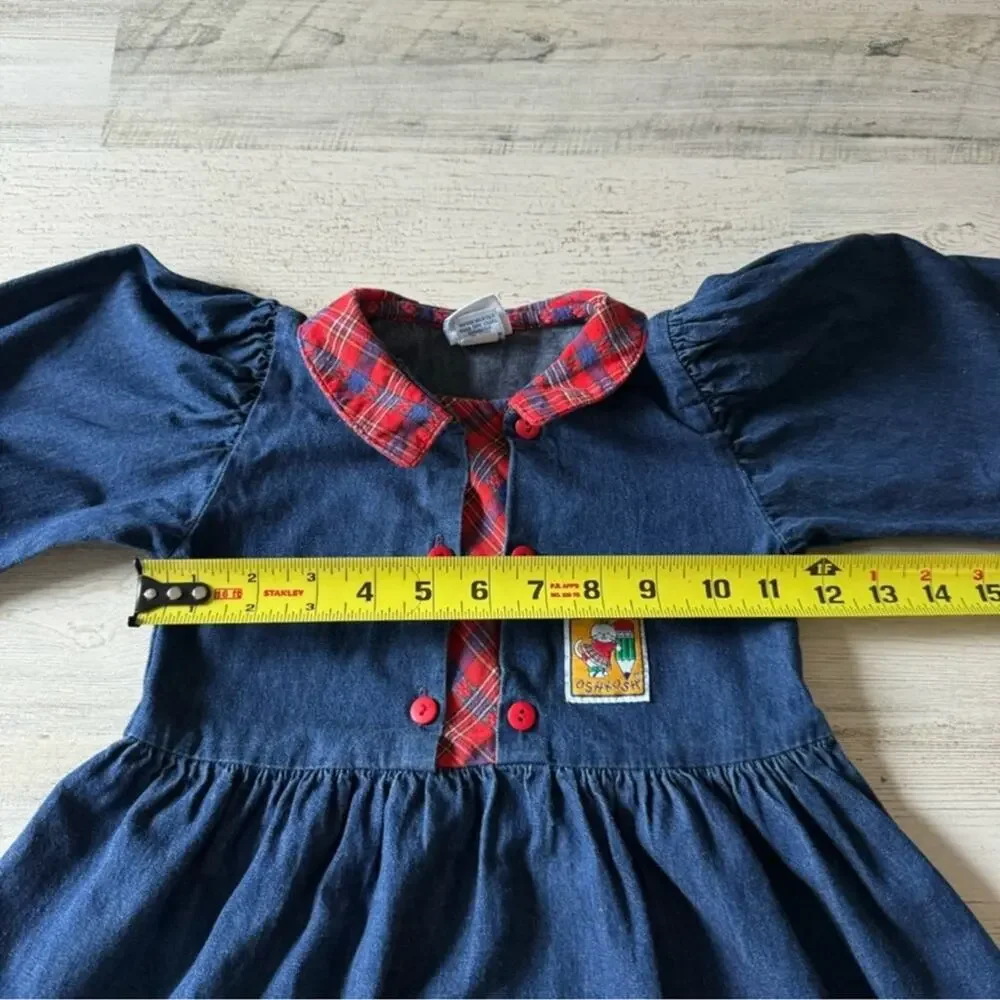 Vintage OshKosh B'gosh Girls Denim Long Sleeve Academia A-line Mini Dress Navy‎